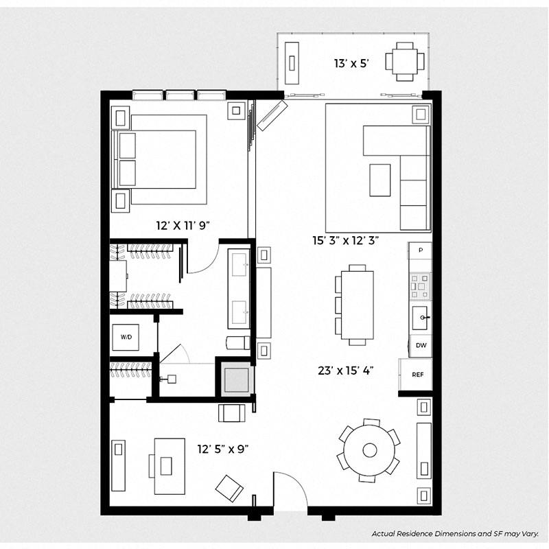 Floor plan for 1 bed, 1 bath, 1030 sqft